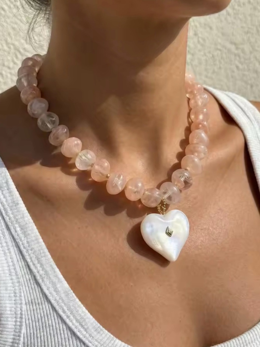 Pink Beaded Heart Pendant Necklace with Gold Accents